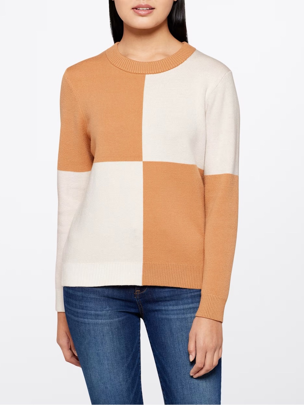Women’s Colorblock Crewneck Sweater - Tan & White